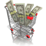 drawing of a shopping cart full of money