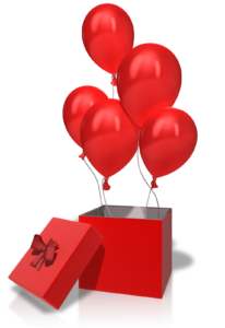 red balloons floating upward out of a red box
