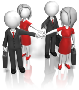 business men and women in a circle reaching to the middle to touch hands