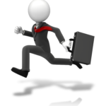 figure of businessman in a black suit with red tie flying over his shoulder as he runs with a briefcase trying not to be late