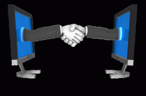 computer screens facing each other with hands coming out of them shaking in agreement about fees