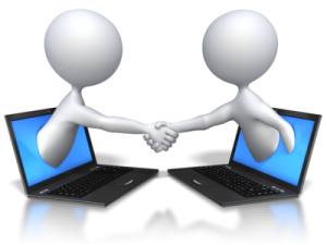 figures shaking hands through computer screens on fee charges