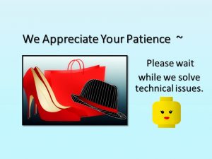 Online meeting infographics heels, hat, and purse in red and black - wait while we fix tech issues
