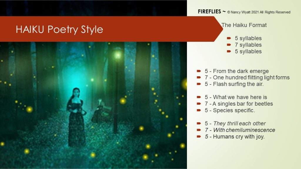 Fireflies - Haiku poetry demonstrating rules of 5/7/5 syllables