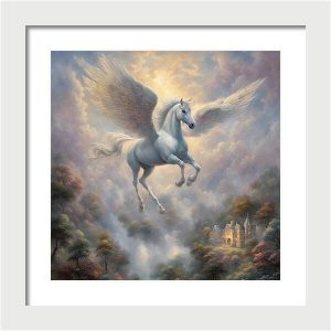 A winged horse (Pegasus mythology) flies through clouds over mountains and a castle. Nancy's Novelty AI Art on Pixels Products