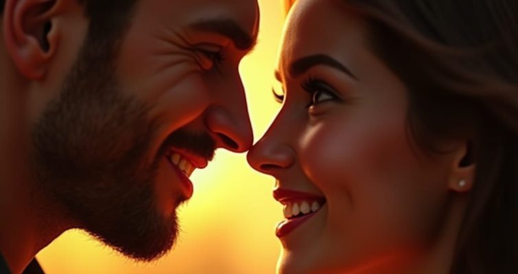 #aibynw - young love a man and woman facing each other and smiling romantically. Poetry & Pictures