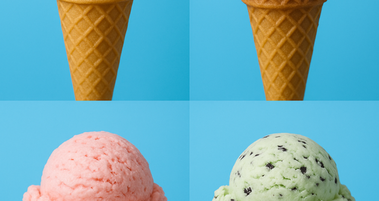 4 flavors in ice cream cones: vanilla, chocolate, strawberry and mint choc chip on a blue background