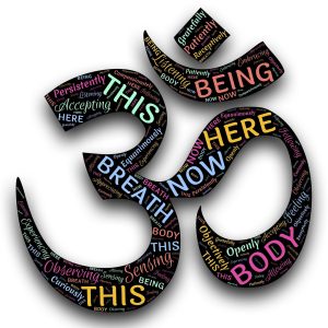 The ohm symbol filled with words like here, now, being, breath by John Hain to depict benefits of mindfulness during social unrest
