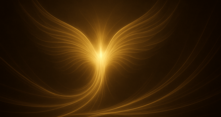An abstract golden image on a dark background simulating grace arising from earth to the heavens