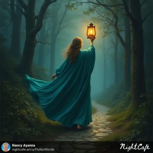 Ode to a turquoise-robed figure walks along a darkened wooded path holding high a lantern to light the path. AI by Nancy Ayanna Wyatt
