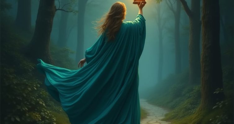 Ode to a turquoise-robed figure walks along a darkened wooded path holding high a lantern to light the path. #aibynancywyatt