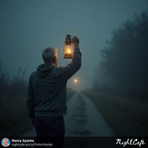 Image of a man holding a lantern and following a path toward another light in Ode to the Lantern Bearers. AI by Nancy (Ayanna) Wyatt